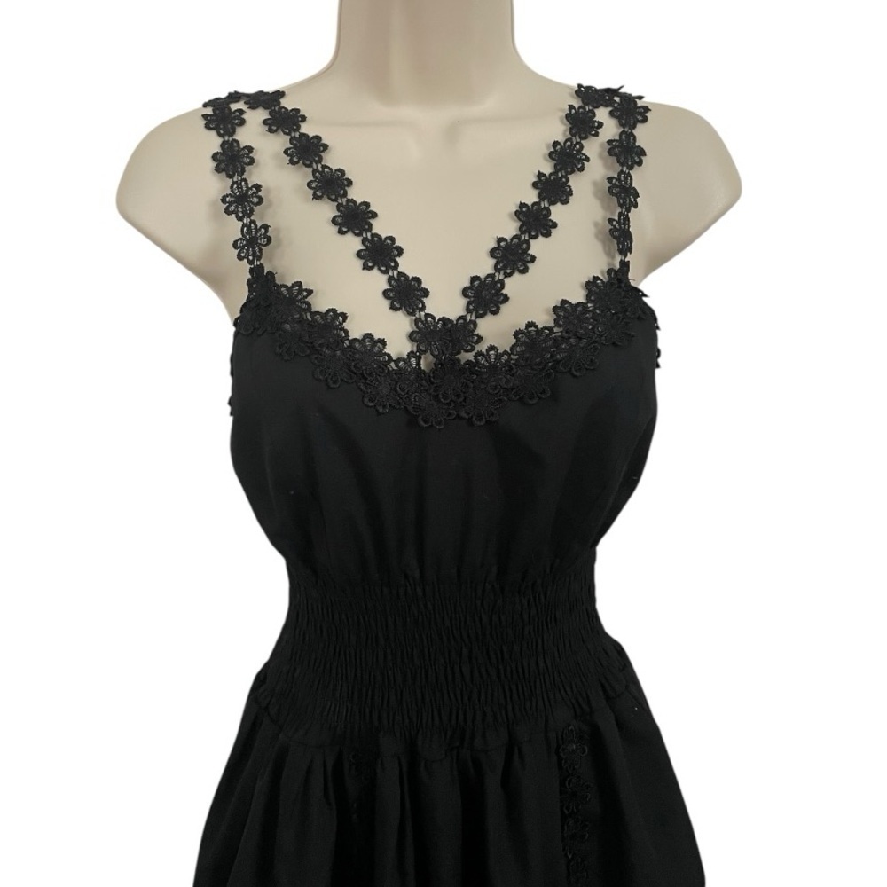 Zoe women’s smocked sun dress floral appliqué maxi black size S 100% cotton slit - Picture 2 of 7